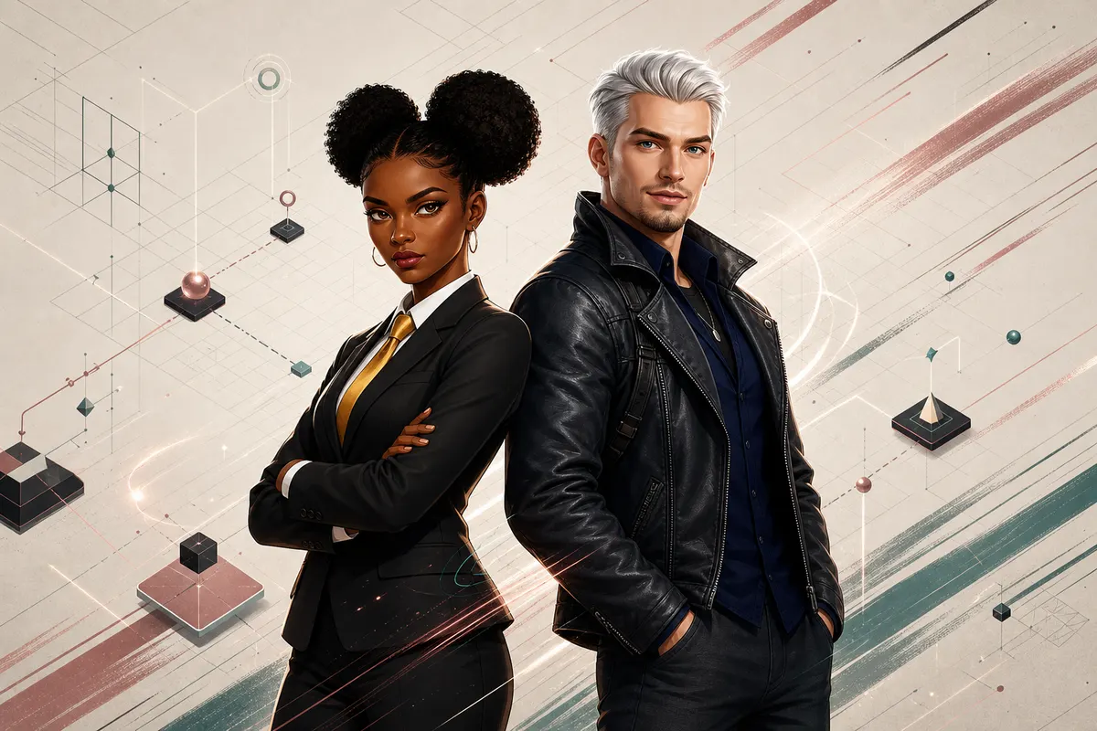 Two stylized professors standing back to back in front of an energetic technical game-map background.