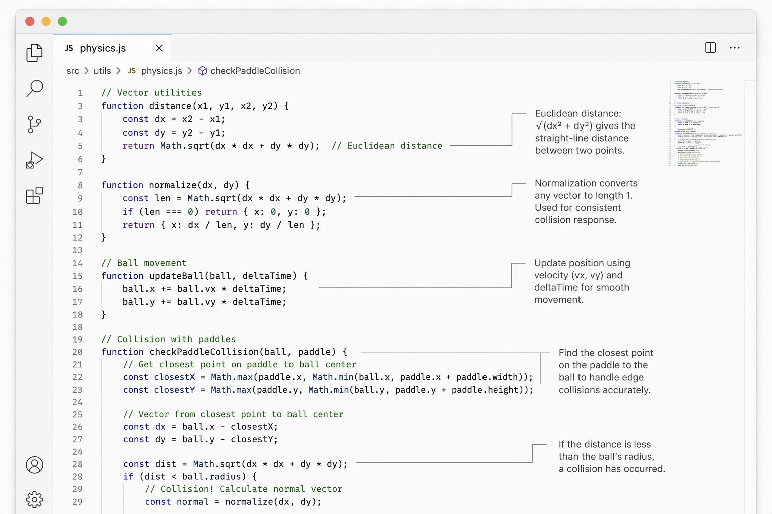 Annotated code explaining the math behind game physics.
